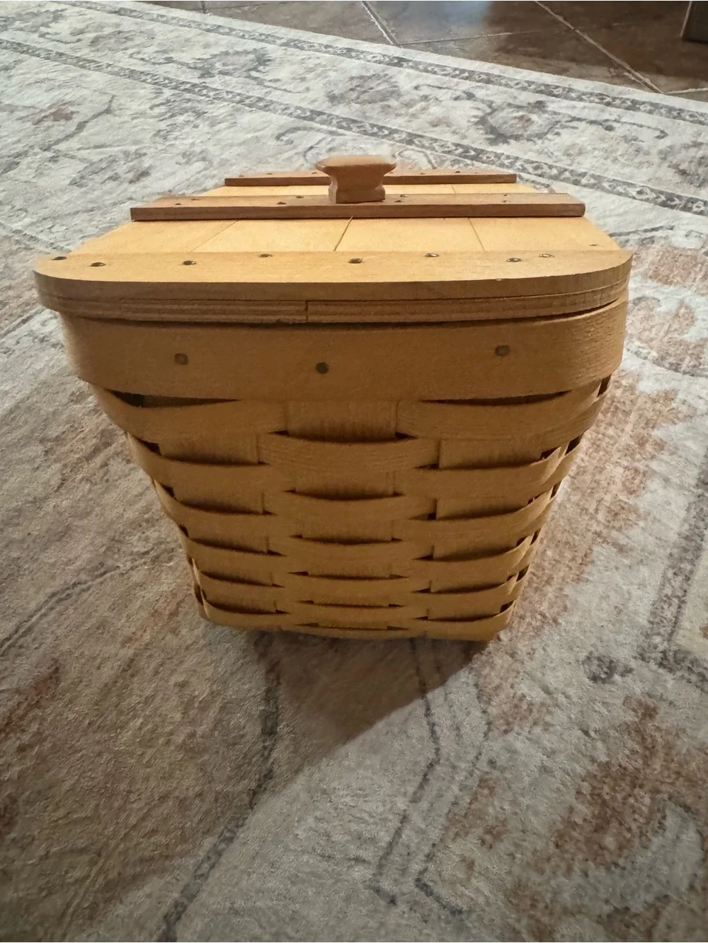 Handwoven Tan Wood Storage Basket with Hinged Lid